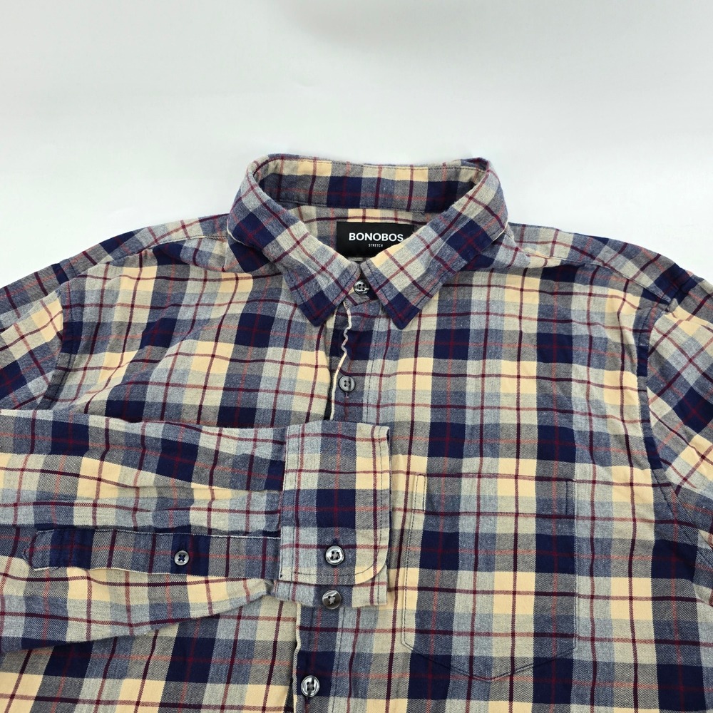 Bonobos Flannel Shirt Mens Slim Fit Stretch Plaid Navy Cream Red L